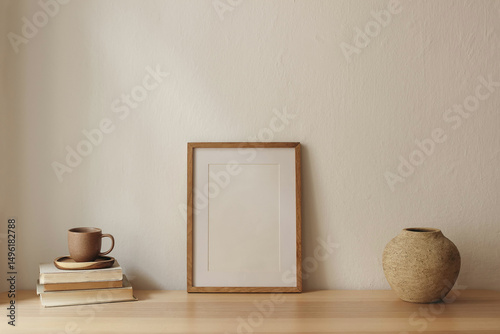 Minimal Mediterranean interior still life. Cup of coffee, books. Empty wooden picture frame mockup on desk, table. Textured vase. Elegant working space, home office. Scandinavian living room