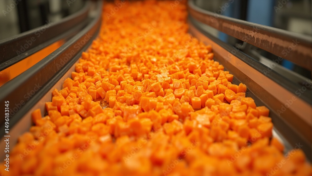 Vibrant diced carrots cascading on a food safe conveyor belt captured from above in a dynamic motion shot Perfect for food and culinary concepts