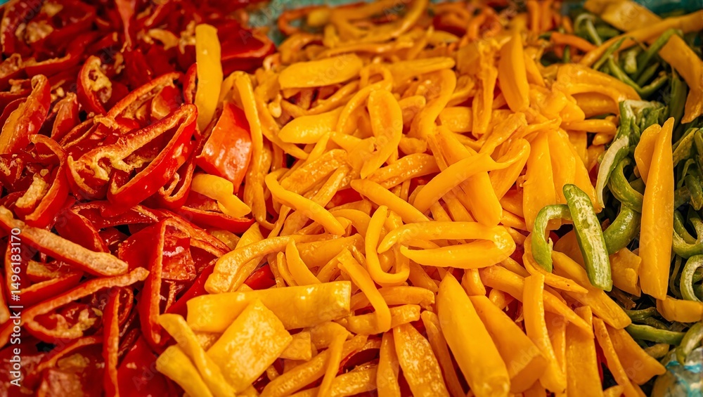 Vibrant bell pepper strips in red and yellow neatly arranged ready for packaging Birds eye view captures the motion and precision in food production