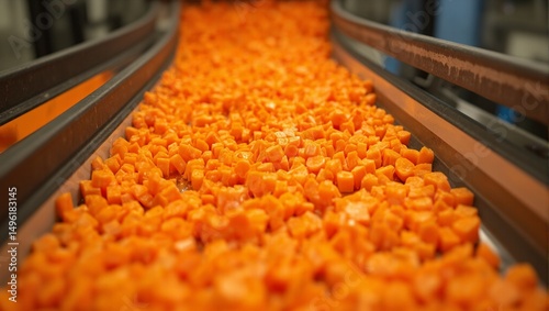 Obraz na płótnie Vibrant diced carrots cascading on a food safe conveyor belt captured from above in a dynamic motion shot Perfect for food and culinary concepts w salonie