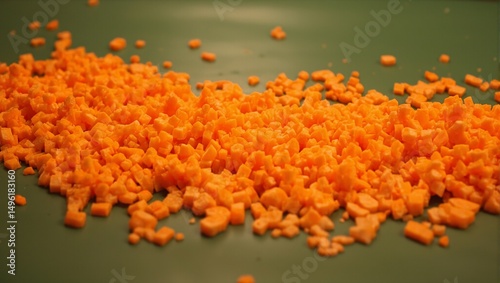 Vibrant diced carrots cascading on a food safe conveyor belt captured from above in a dynamic motion shot Perfect for food and culinary concepts