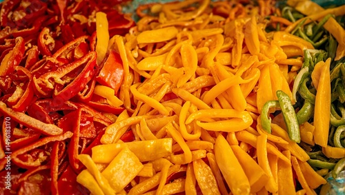 Obraz na płótnie Vibrant bell pepper strips in red and yellow neatly arranged ready for packaging Birds eye view captures the motion and precision in food production w salonie