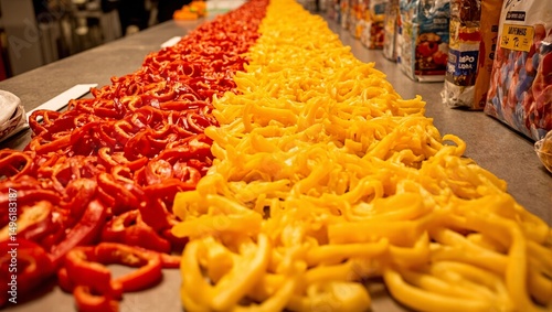 Vibrant bell pepper strips in red and yellow neatly arranged ready for packaging Birds eye view captures the motion and precision in food production