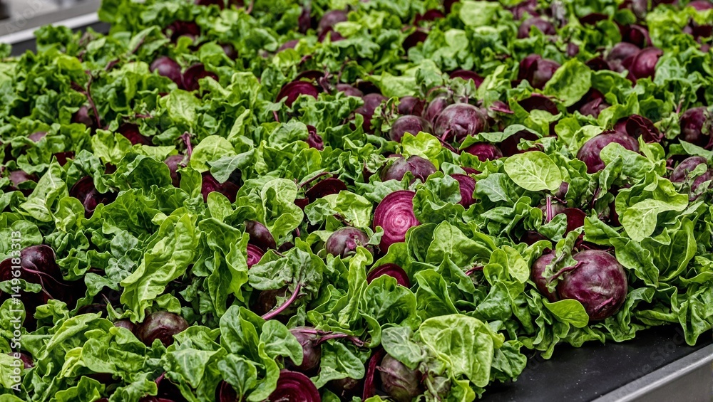 Vibrant beet greens on a conveyor belt showing deep purples and vivid greens from above Ideal for food or agricultural concepts