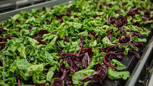 Vibrant beet greens on a conveyor belt showing deep purples and vivid greens from above Ideal for food or agricultural concepts