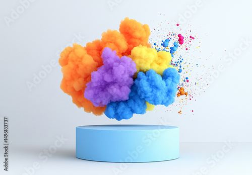 Vivid colorful cloud with orange, purple, blue, yellow hove above a blue podium on white background.
