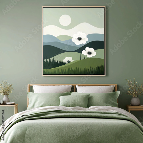 A peaceful bedroom showcases serene abstract landscape artwork in coordinating calming green color scheme.