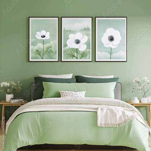 Calming green bedroom features anemone artwork, inviting decor for a restful and peaceful sanctuary.