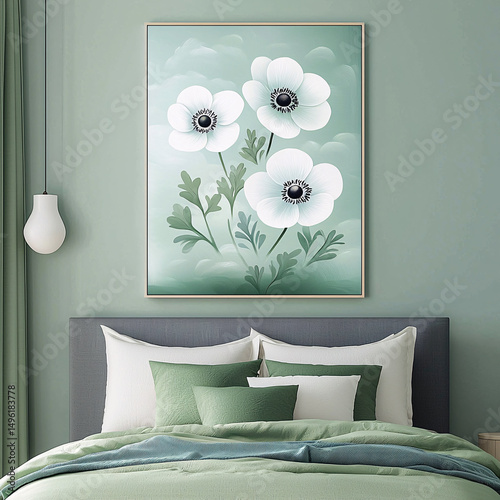 Elegant bedroom interior features a framed painting of three white anemone flowers above the bed's headboard.