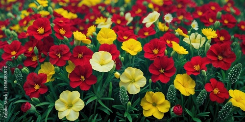 Beautiful Red And Yellow Bellis Perennis flowers with empty space for text. photo