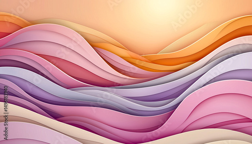 An abstract background features colorful layered paper cut waves in shades of orange, pink, and lavender hue.
