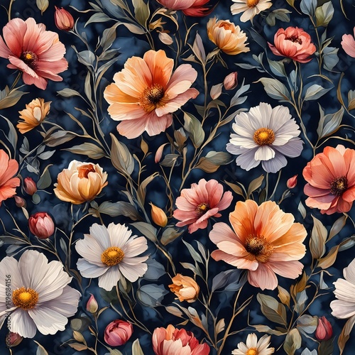 seamless floral pattern with dark blue background for wallpaper or fabric