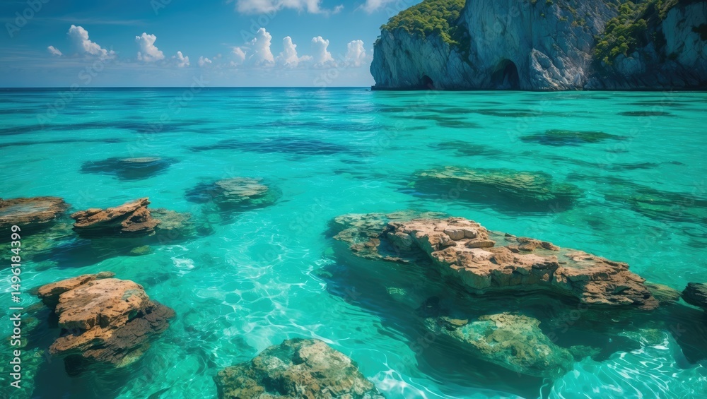 Obraz premium Transparent and turquoise sea with empty copy space for text. Clear ocean water with rocks and cliffs, perfect for adding your message.