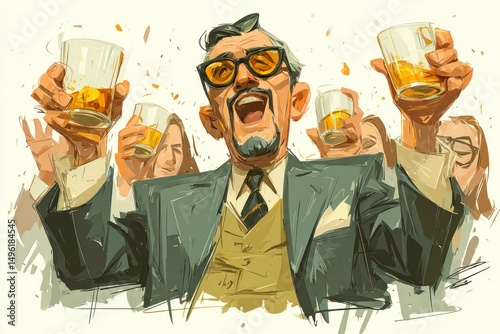 Celebratory Businessmen Toasting with Whiskey Glasses in a Festive Atmosphere