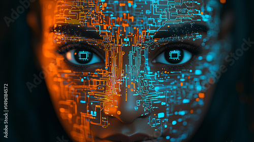 A woman's face is digitally enhanced with intricate circuit patterns in blue and orange illuminating her eyes.
