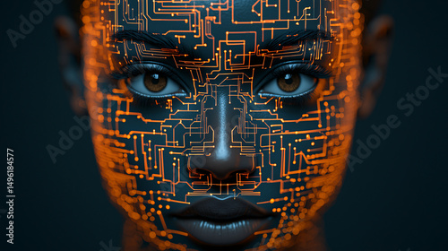 A woman's face is covered in intricate orange circuitry patterns suggesting artificial ligence concept.