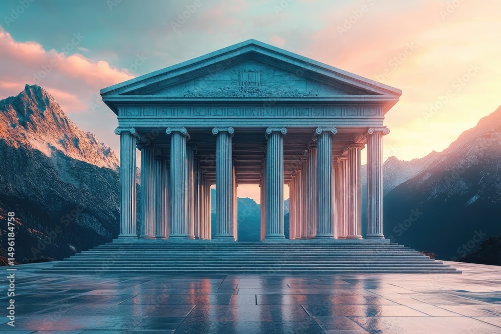 Obraz premium A majestic Greek temple stands majestically in the mountains at sunset, showcasing architectural grandeur.