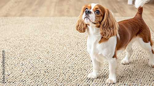 A Cavalier King Charles Spaniel stands attentively on a beige textured carpet looking hopefully upward indoors.