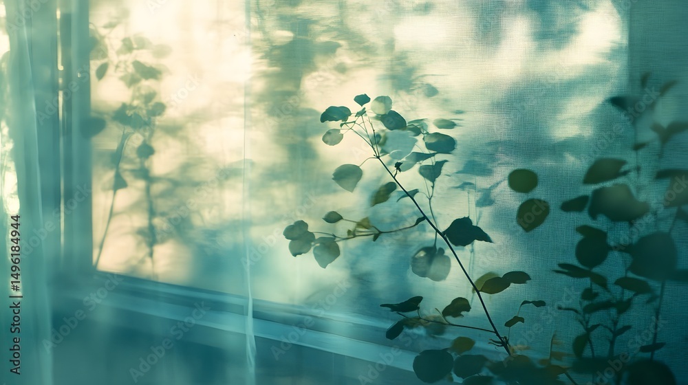 Fototapeta premium Soft, diffused sunlight filtering through sheer curtains, casting plant shadows.