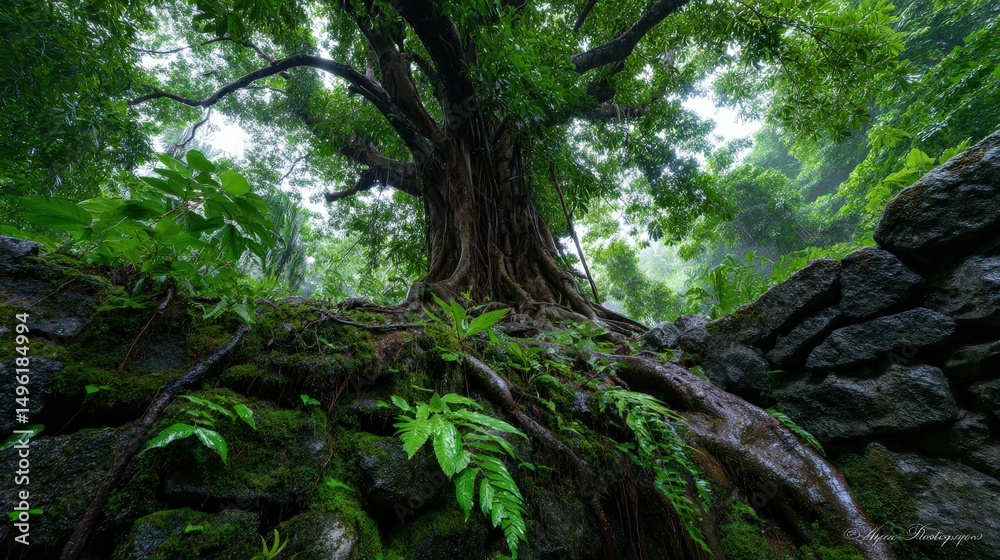 Obraz premium Massive Banyan Tree Roots Growing Over Ancient Stone Wall in Dense Tropical Rainforest