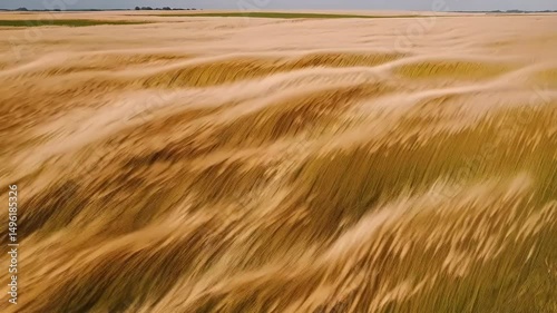 Golden wheat field flowing in the wind, creating abstract waves and textures during a windy day, emphasizing natural beauty
