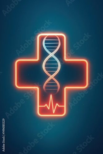 Glowing Neon Medical Cross with DNA Helix and ECG Waveform