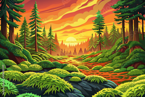 View of Fresh green moss covering the floor of a fir and pine forest in Sweden landscape