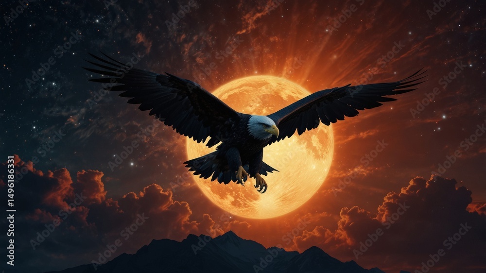 Fototapeta premium A huge monumental shadow of a beautiful and huge black eagle forged from steel, soaring in space, among bright stars, against the background of a huge Sun with fiery prominences