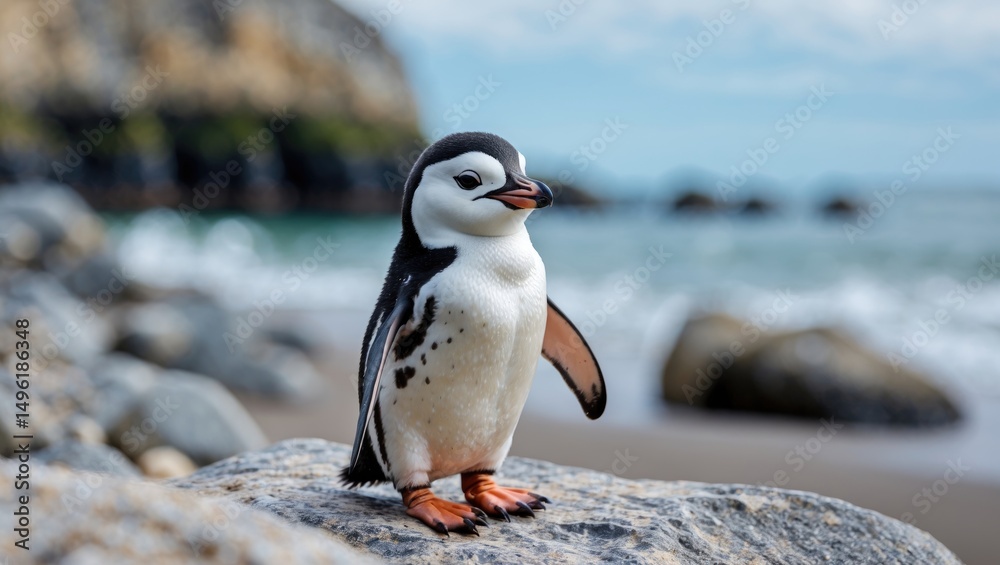 Fototapeta premium Cute Small Penguin Standing On The Rock Near A Beach