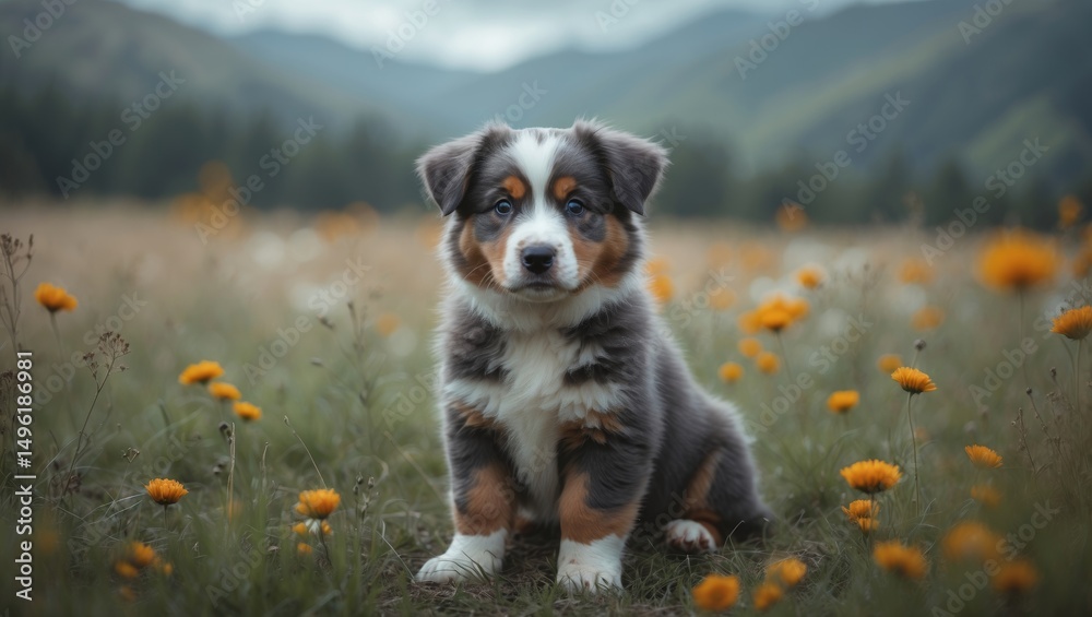 Obraz premium Australian Shepherd Dog Puppy On Meadow