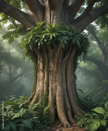 Massive, old tree trunk consumed by dense, jungle foliage; exotic leaves and vines ,  green,  tropical