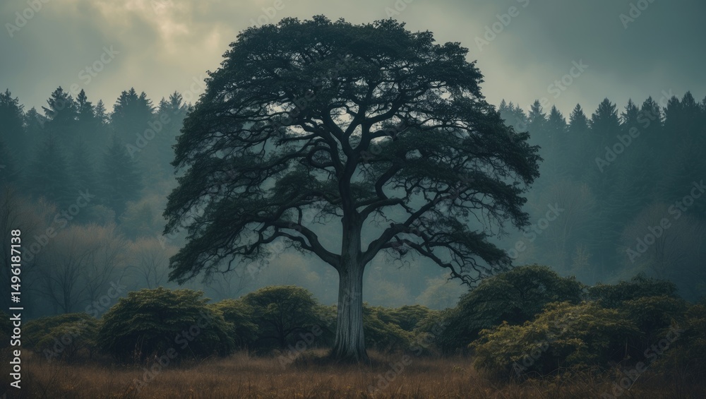 Obraz premium A tree stands tall against a background of forest and bushes.