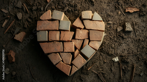 Broken Heart: An artistic rendition of a shattered heart, meticulously crafted from broken pieces of brick set against a backdrop of earth, evoking a feeling of loss.