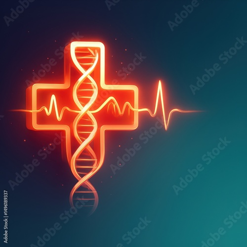 Neon Medical Cross with Integrated DNA Helix and ECG Line Extension