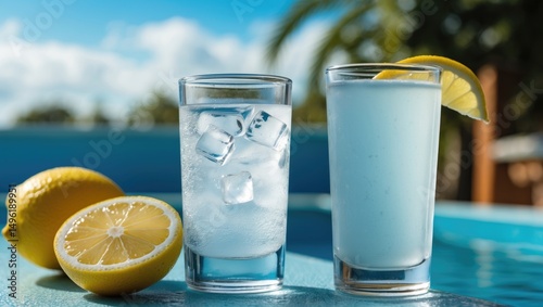 Cold vodka in frosted shot glass served with lemon chaser next to a blue pool