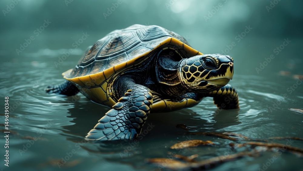 Fototapeta premium A turtle swimming in murky water