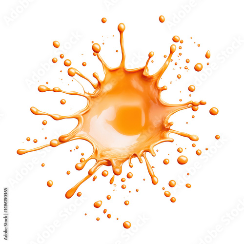 Vibrant orange liquid splash with droplets emanating outwards on transparent background