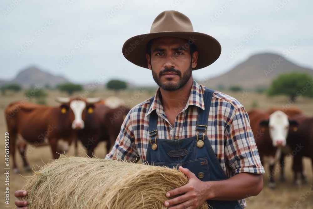 Fototapeta premium Farmer holding hay while standing in pasture with cows in background 