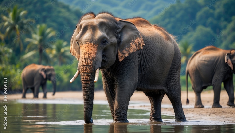 Fototapeta premium Borneo Elephant In Sabah with Empty Copy Space For Text