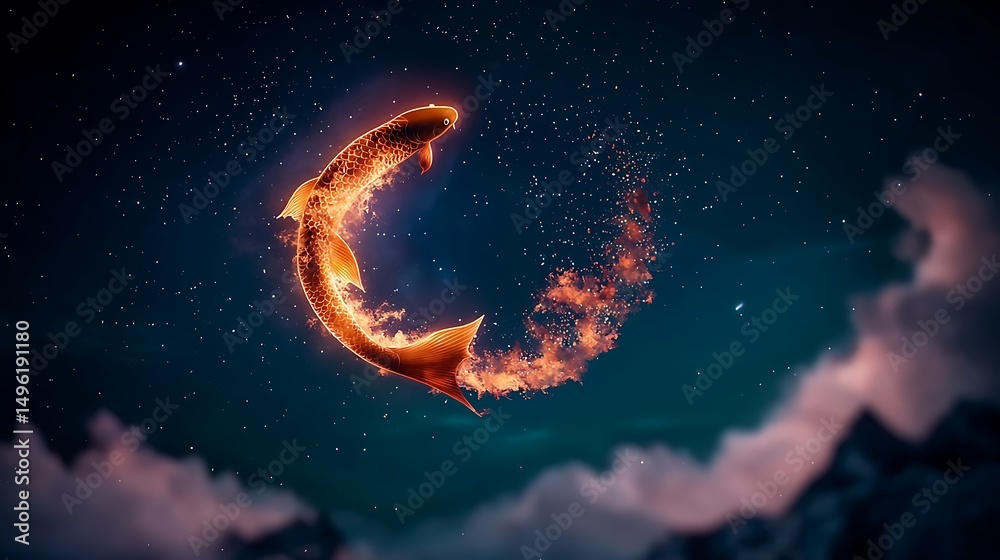 Naklejka premium A luminous fish gracefully leaps through a starry night sky, surrounded by ethereal clouds