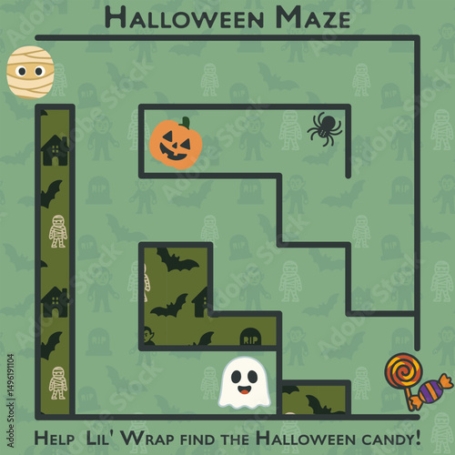 Cute Halloween easy maze for kids. Help Lil' Wrap the mummy get to the candy through spooky paths filled with bats and ghosts. Great for printing and playtime.