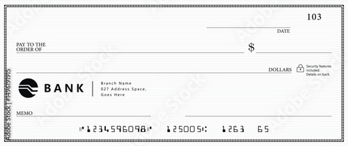 Bank check, vector blank money cheque, checkbook template with guilloche pattern and fields. Currency payment coupon, money check background