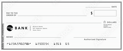 Bank check, vector blank money cheque, checkbook template with guilloche pattern and fields. Currency payment coupon, money check background