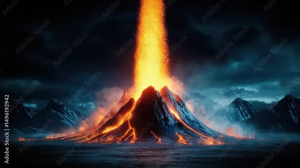 Erupting Volcano at Night with Lava Flow and Eruptive Ash Clouds Illuminating Dark Sky Above Mountain Landscape