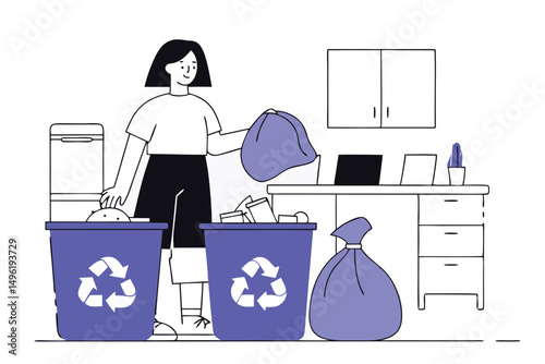 Eco-conscious person sorting garbage for recycling, ecology awareness, minimalist vector art