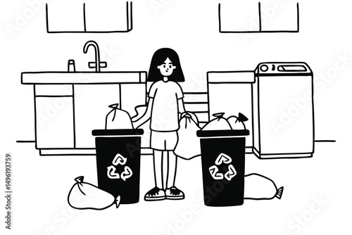 Young woman sorting plastic, paper, and glass waste into recycling bins at home, eco-friendly lifestyle vector illustration