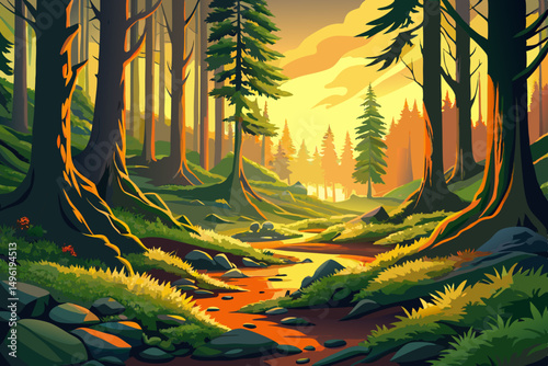 landscape of Beautiful and peaceful forest with green moss covering the forest floor