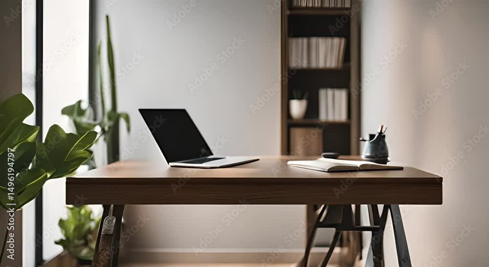 Modern Minimalist Workspace with Laptop and Plants Modern Minimalist Workspace with Laptop and Plants