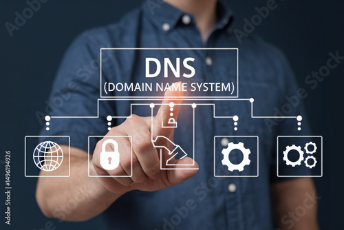 A person interacting with a dns domain name system interface on a digital screen display setup