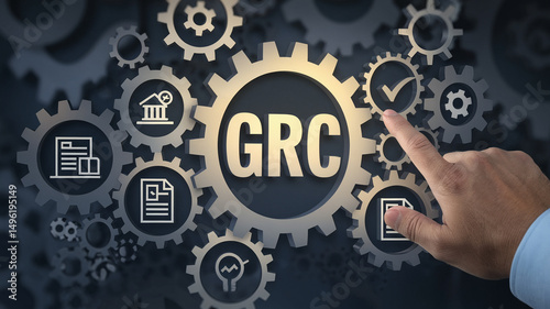 Gears with grc text and icons representing governance risk compliance with a hand touching a gear